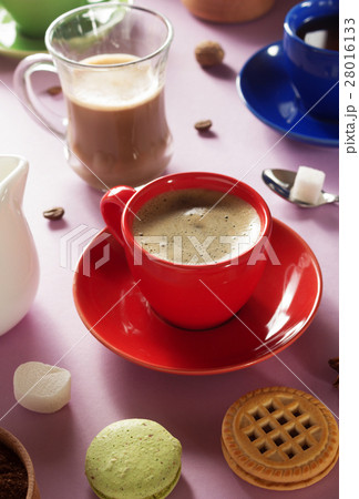cup of coffee, tea and cacao at purple background cup of coffee, tea and cacao at purple background 28016133