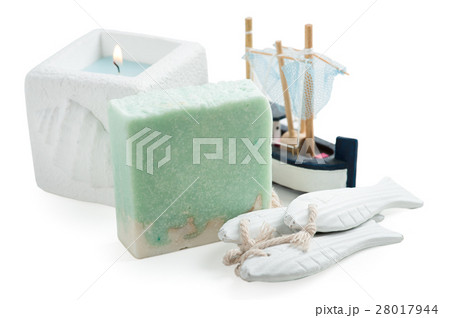 candle, white and turquoise handmade soap 28017944
