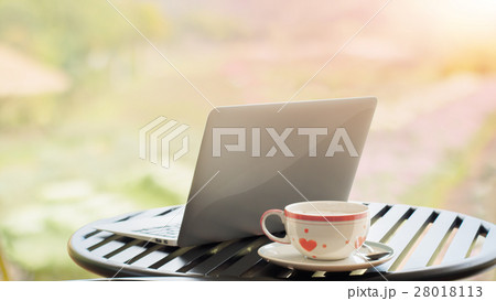 Laptop and coffee cup on desk in flowers garden 28018113