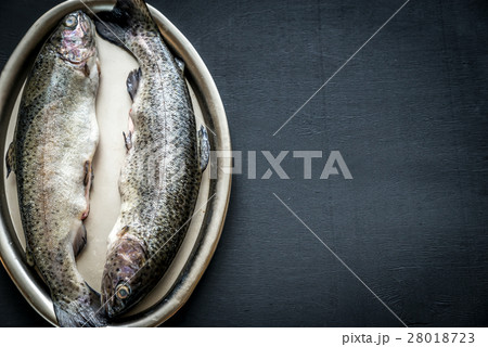 Fresh trouts in ice on the vintage metal tray Fresh trouts in ice on the vintage metal tray 28018723