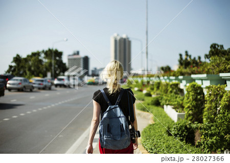 Women Walking Streetside Caucasian Camrea Traveler Concept 28027366