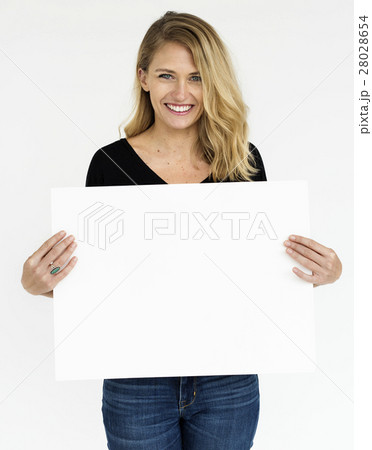 Female Holding White Blank Placard Concept 28028654