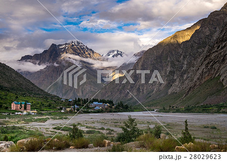 Jispa, Bhag river landscape view at sunset 28029623