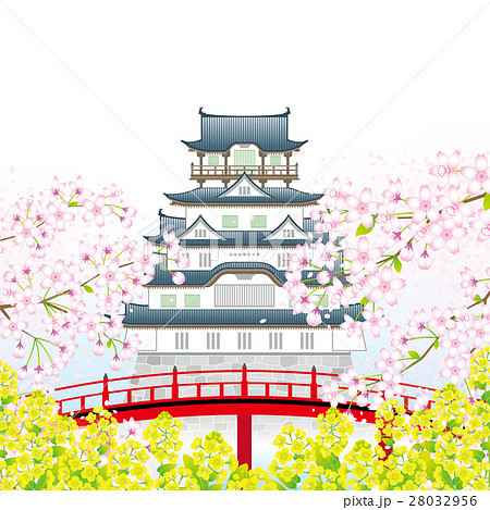春のお城と桜の花のイラスト素材