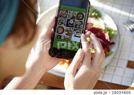 料理写真をSNSにアップする女性 料理写真をSNSにアップする女性 28034809