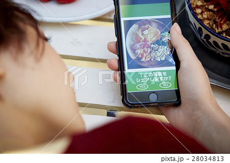 料理写真をSNSにアップする女性 28034813