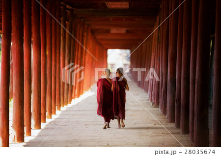 Young Buddhist monk walking and reading 28035674