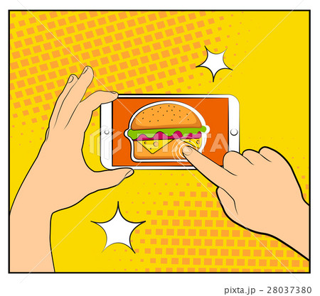 Comic phone with halftone shadows and Hamburger. 28037380
