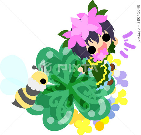 クローバーの宝石と可愛い小さな女の子のイラストのイラスト素材
