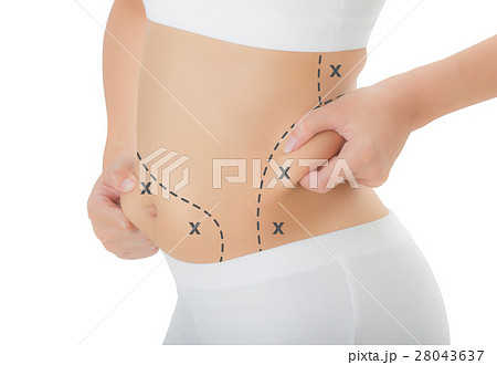 Woman grabbing skin on her hip and belly. Woman grabbing skin on her hip and belly. 28043637