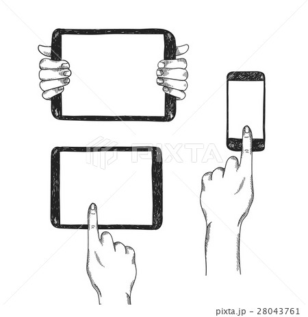 Vector set of handdrawn devices with hands. Mock 28043761