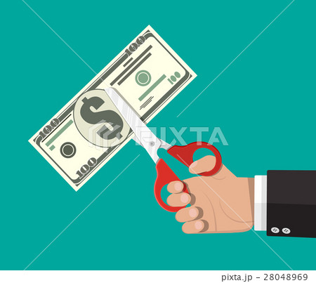 Businessman with scissors cutting dollar banknote 28048969