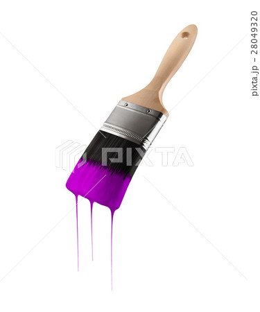 Paintbrush loaded with purple color dripping. Paintbrush loaded with purple color dripping. 28049320
