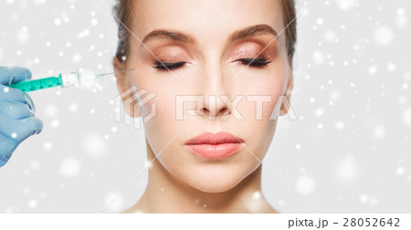 close up of woman face and hand with syringe 28052642