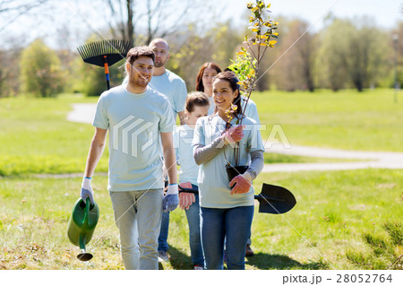 group of volunteers with trees and rake in park group of volunteers with trees and rake in park 28052764