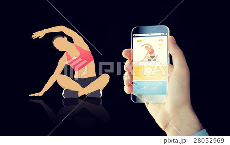 close up of hand with smartphone and sport app 28052969