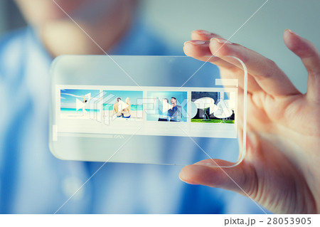 close up of woman with transparent smartphone close up of woman with transparent smartphone 28053905