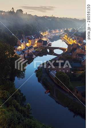 France, Brittany, Dinan, Cityscape with river at dawn 28056150