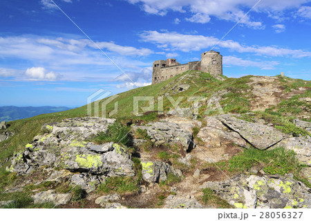 Ukraine, Ivano-Frankivsk region, Verkhovyna district, Carpathians, Chernohora, Stone observatory on top of hill 28056327