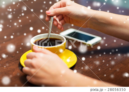 close up of woman with smartphone and coffee 28056350