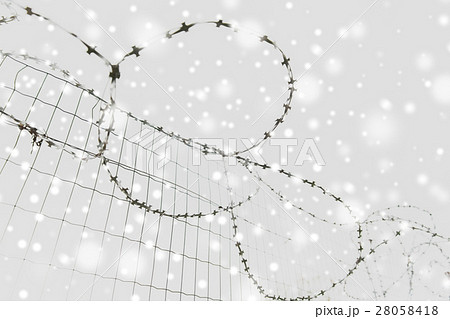 barb wire fence over gray sky and snow barb wire fence over gray sky and snow 28058418