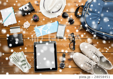 close up of gadgets and traveler personal stuff close up of gadgets and traveler personal stuff 28058451