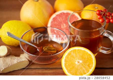 tea with honey, lemon and ginger on wood 28058452