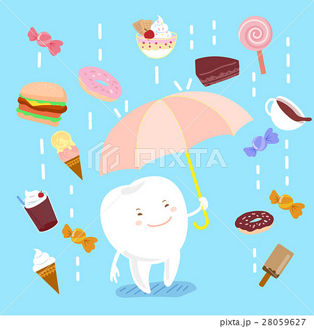 cartoon teeth holding umbrella 28059627