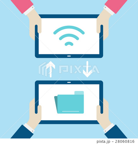 Hands holding tablet with icon on screen. 28060816