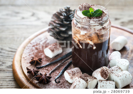 Glass jar of hot chocolate with marshmallows Glass jar of hot chocolate with marshmallows 28069739