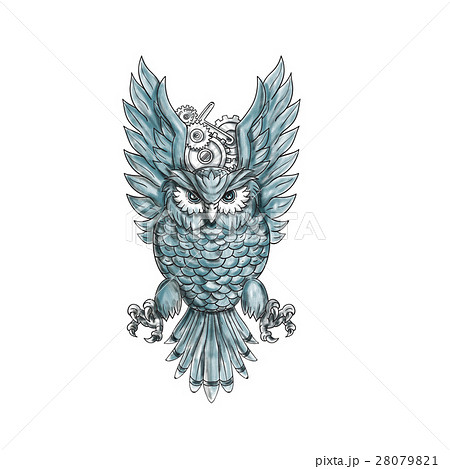 Owl Swooping Wings Clock Gears Tattooのイラスト素材