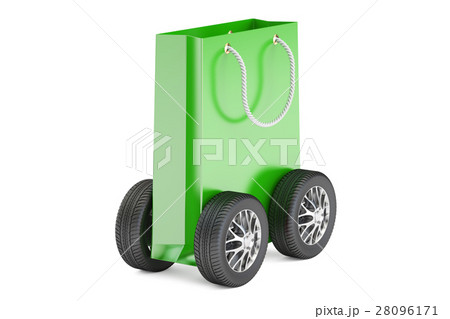 green shopping bag with wheels, delivery concept green shopping bag with wheels, delivery concept 28096171