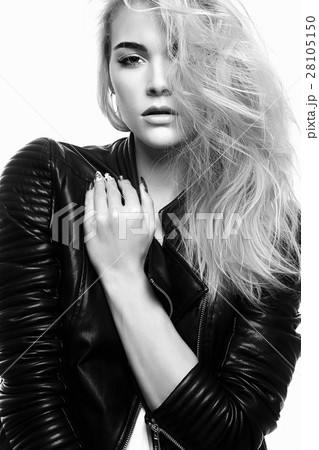 beautiful blonde girl in leather coat 28105150