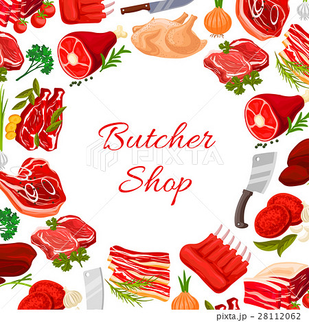Butcher shop vector round poster of butchery meat Butcher shop vector round poster of butchery meat 28112062