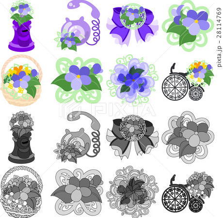 ポストと電話とリボンと花かごと宝石と自転車などの 可愛いすみれの雑貨のアイコンいろいろのイラスト素材