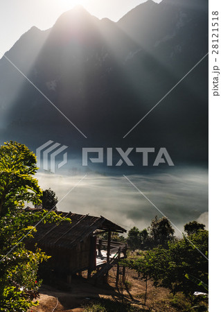 local house in rural highland with sea fog  28121518