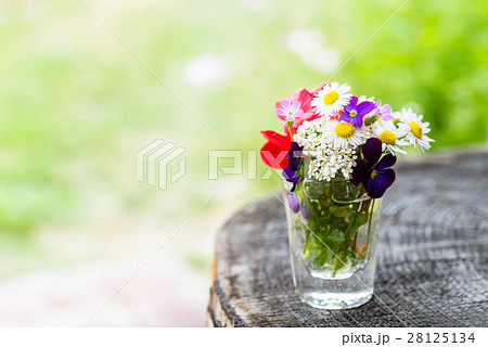 Bouquet of colourful garden flowers on tree trunk 28125134