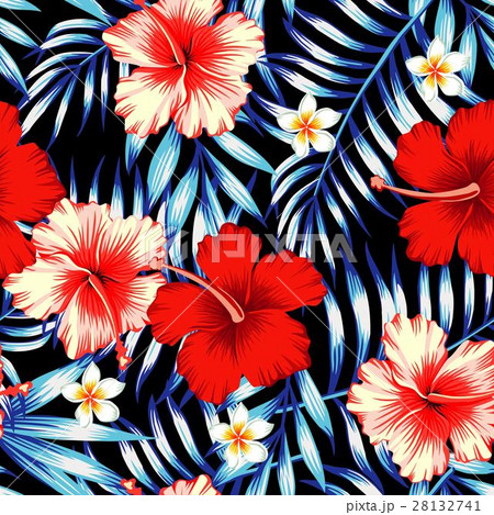 hibiscus red and palm blue seamless background hibiscus red and palm blue seamless background 28132741