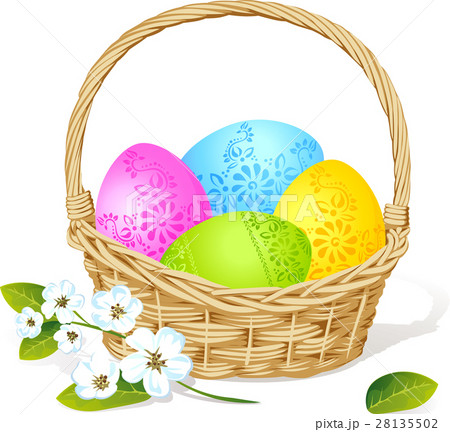 colorful easter eggs in basket with spring flower  28135502