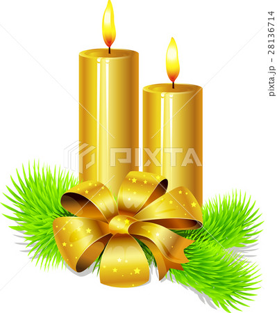 golden candle with bow decoration and fir twig golden candle with bow decoration and fir twig 28136714