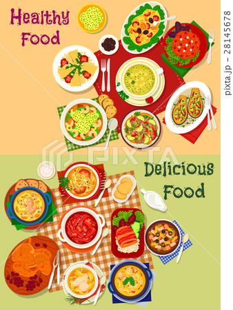 Russian cuisine soup and fresh salad icon set Russian cuisine soup and fresh salad icon set 28145678