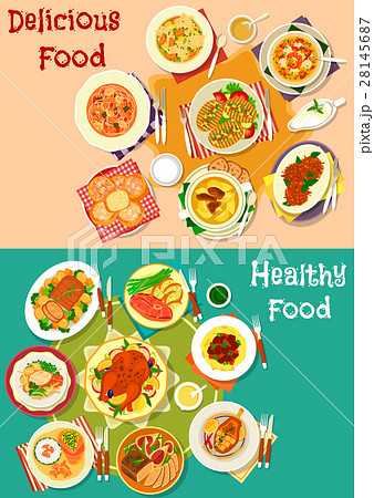 Meat, soup, potato dishes icon set for food design Meat, soup, potato dishes icon set for food design 28145687