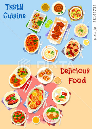 Vegetable and meat dishes icon set design 28145732