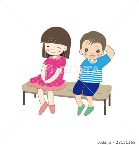 長椅子に座る男の子と女の子のイラスト素材