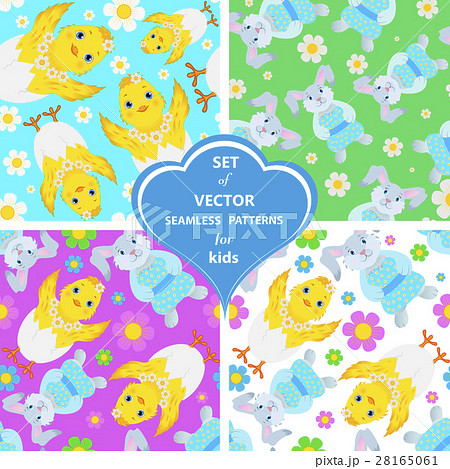 Set of vector patterns with rabbits, flowers Set of vector patterns with rabbits, flowers 28165061
