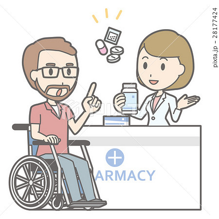 車椅子に乗った男性が薬局で薬剤師と相談しているイラストのイラスト素材