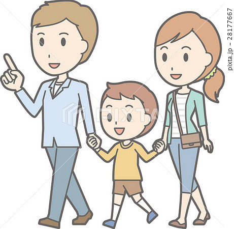 子供と手を繋いで歩いている親子のイラストのイラスト素材