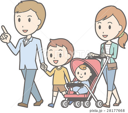 家族4人で歩いているイラストのイラスト素材
