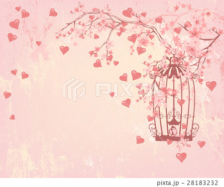 bird cage among hearts and pink sakura flowers bird cage among hearts and pink sakura flowers 28183232