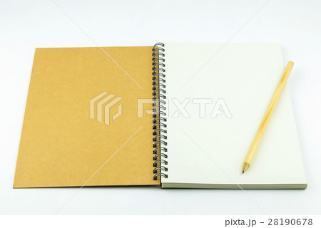 open notebook cover with pencil white background 28190678